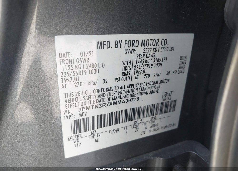 2021 FORD MUSTANG MACH-E PREMIUM VIN: 3FMTK3R7XMMA09778