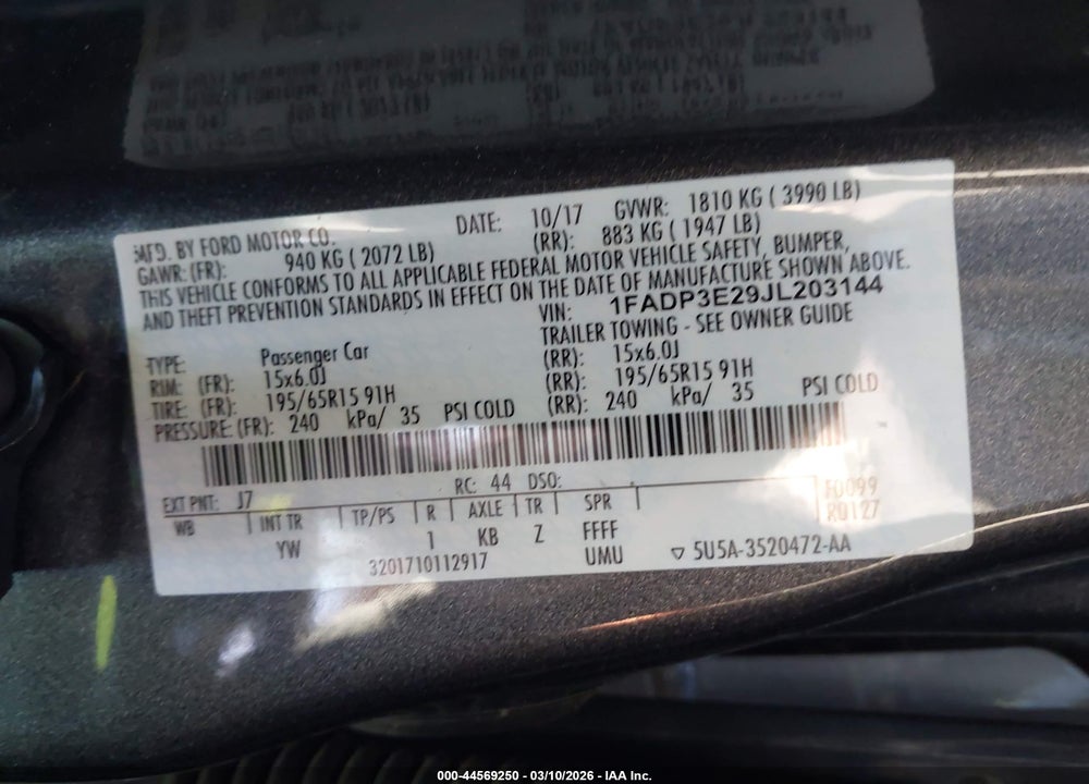 2018 FORD FOCUS S VIN: 1FADP3E29JL203144