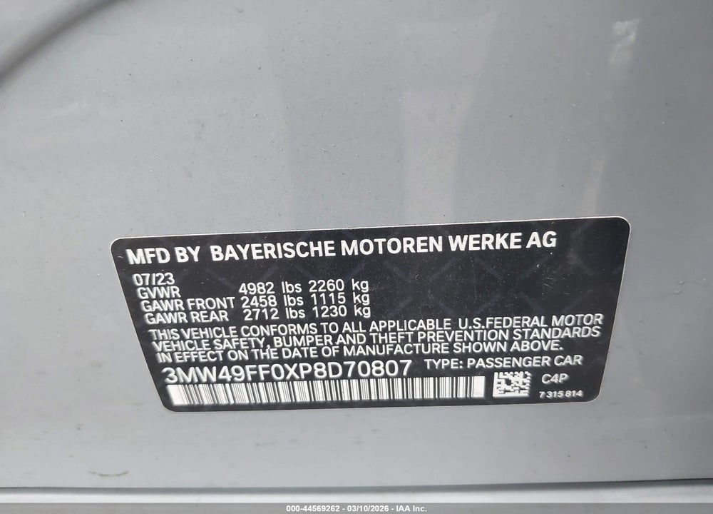 2023 BMW M340I M340I XDRIVE VIN: 3MW49FF0XP8D70807