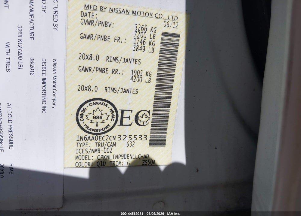 2012 NISSAN TITAN PRO-4X/S/SL/SV VIN: 1N6AA0EC2CN325533