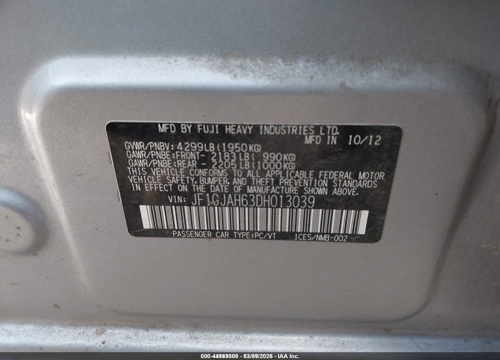 2013 SUBARU IMPREZA 2.0I LIMITED VIN: JF1GJAH63DH013039