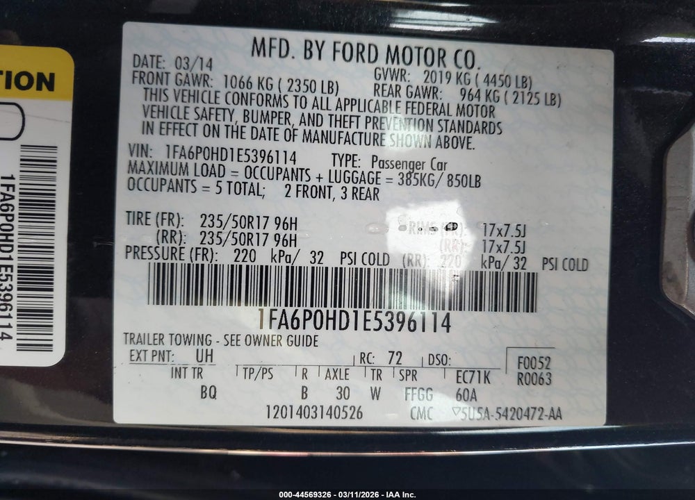 2014 FORD FUSION SE VIN: 1FA6P0HD1E5396114