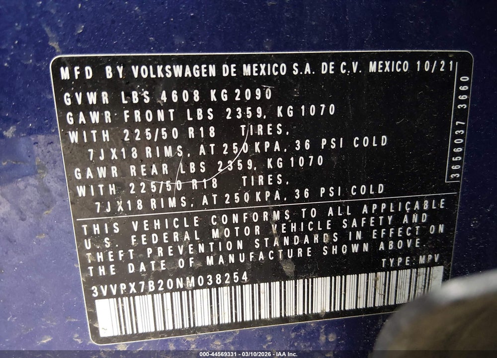 2022 VOLKSWAGEN TAOS 1.5T SE VIN: 3VVPX7B20NM038254
