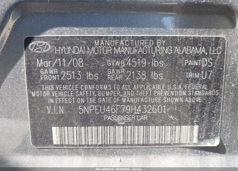 2009 HYUNDAI SONATA LIMITED V6 VIN: 5NPEU46F79H432601