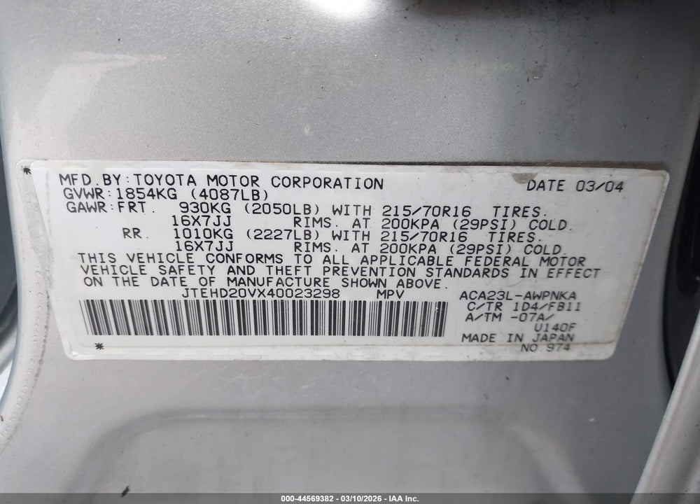 2004 TOYOTA RAV4 VIN: JTEHD20VX40023298