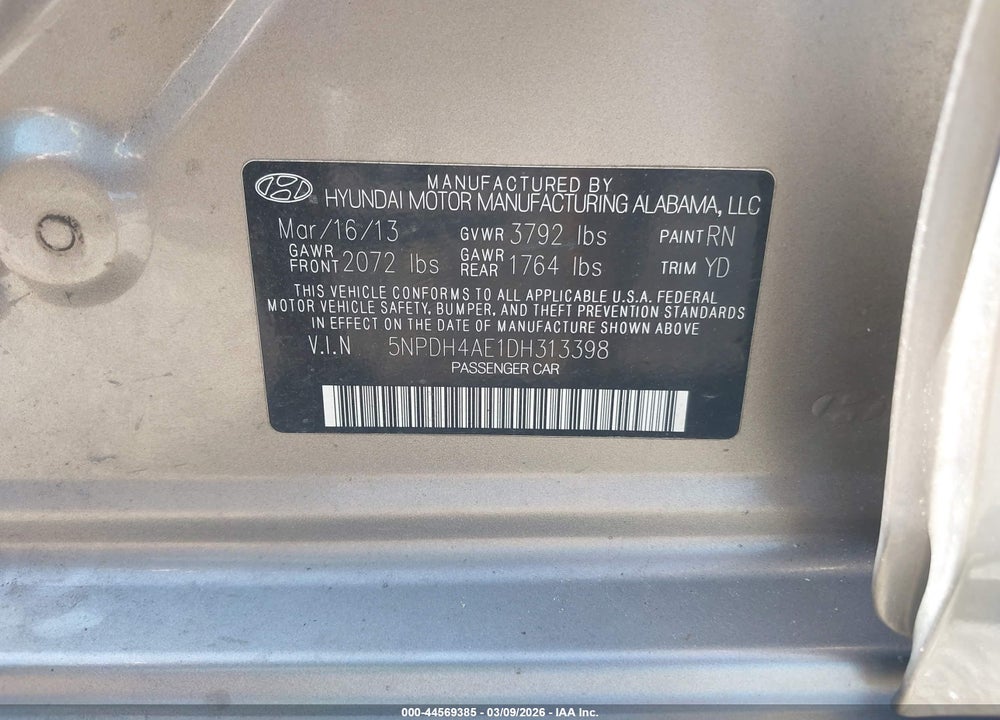 2013 HYUNDAI ELANTRA LIMITED VIN: 5NPDH4AE1DH313398
