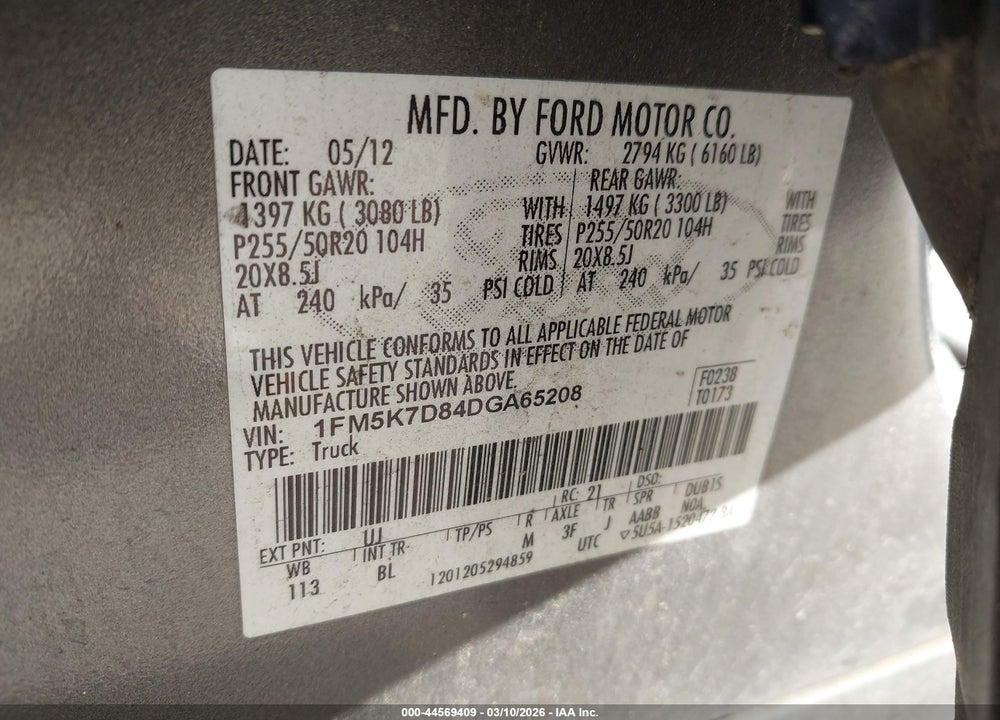 2013 FORD EXPLORER XLT VIN: 1FM5K7D84DGA65208