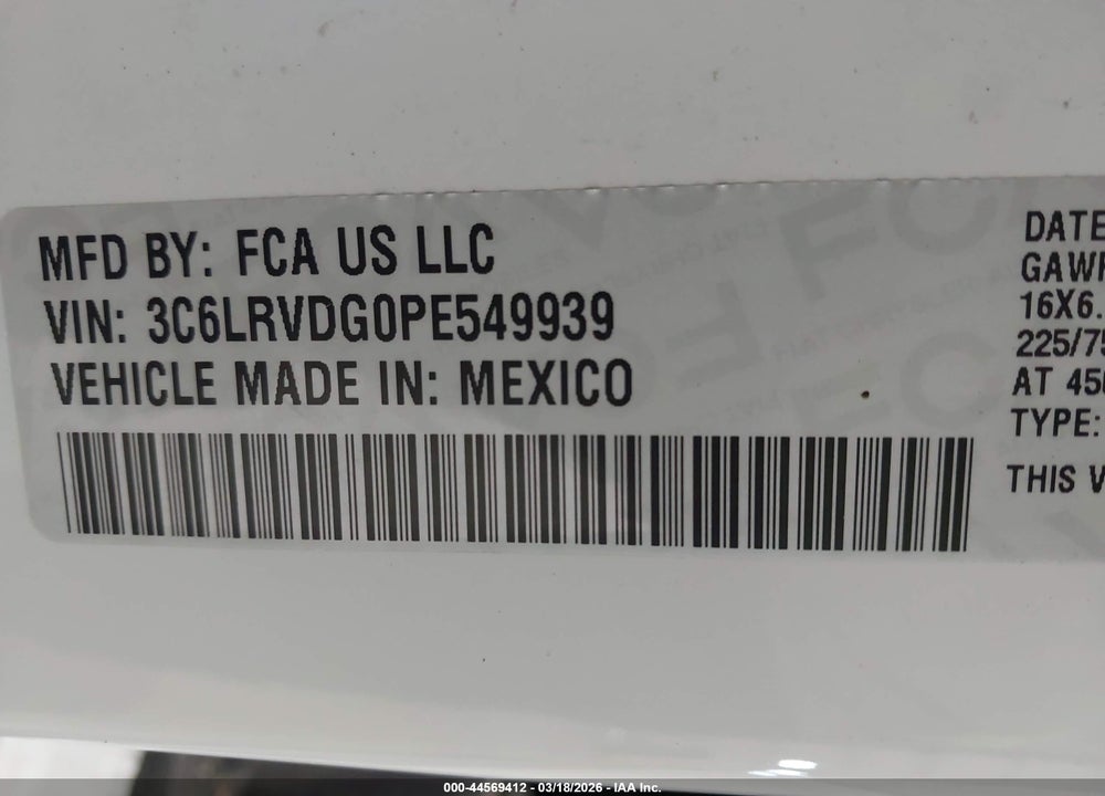 2023 RAM PROMASTER 2500 HIGH ROOF 159 WB VIN: 3C6LRVDG0PE549939