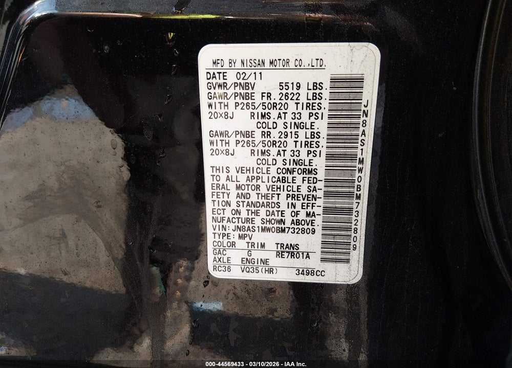 2011 INFINITI FX35 VIN: JN8AS1MW0BM732809