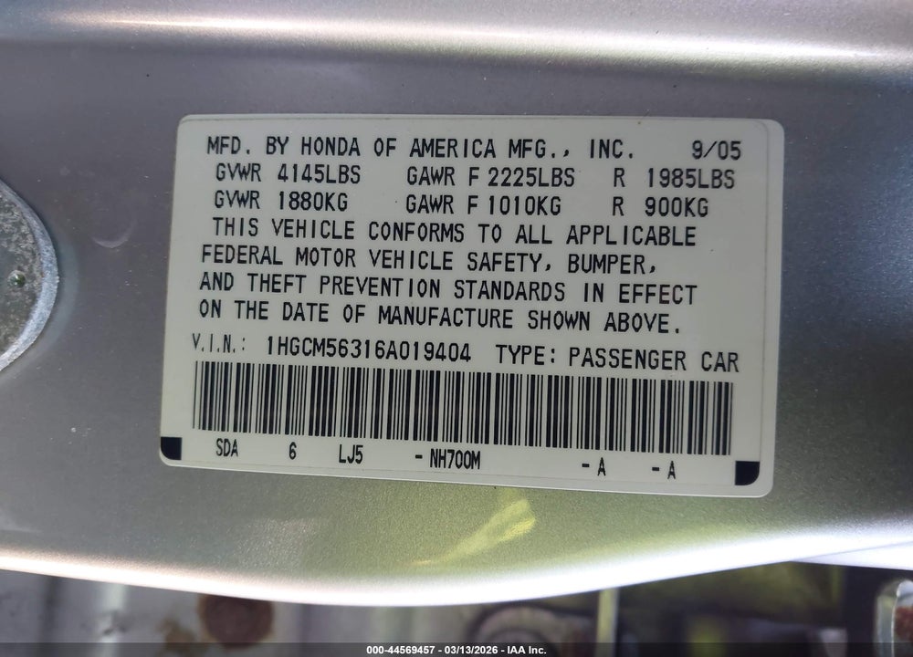 2006 HONDA ACCORD 2.4 SE VIN: 1HGCM56316A019404