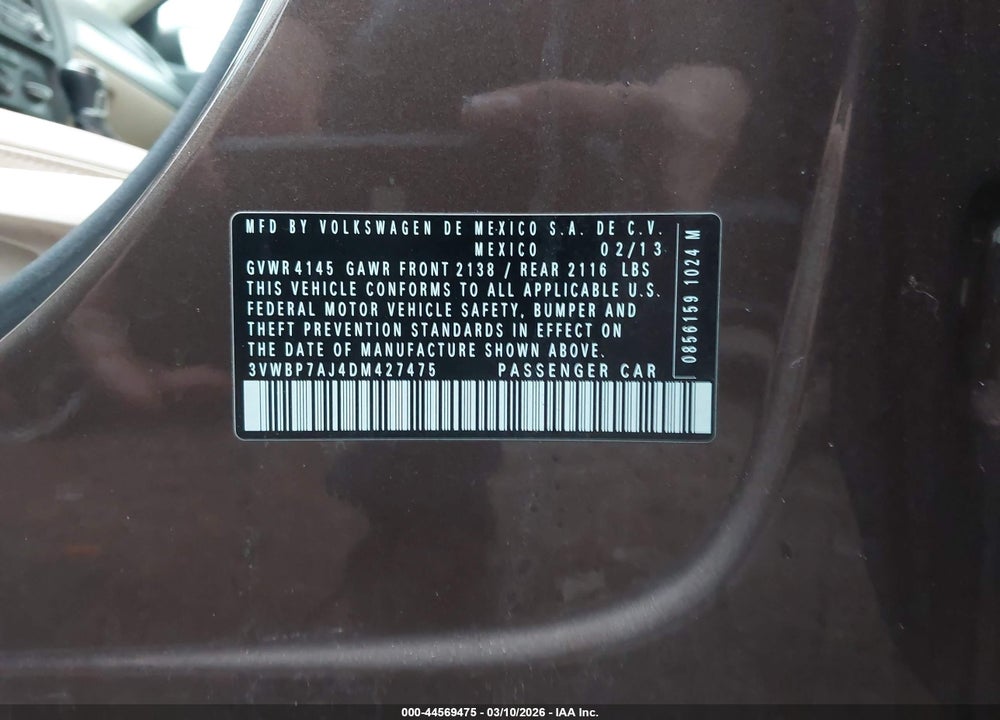 2013 VOLKSWAGEN JETTA 2.5L SE VIN: 3VWBP7AJ4DM427475