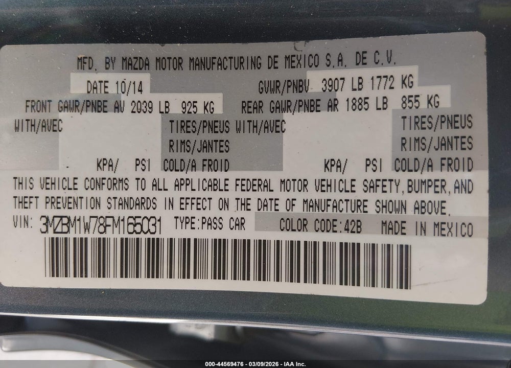 2015 MAZDA 3 I GRAND TOURING VIN: 3MZBM1W78FM165031