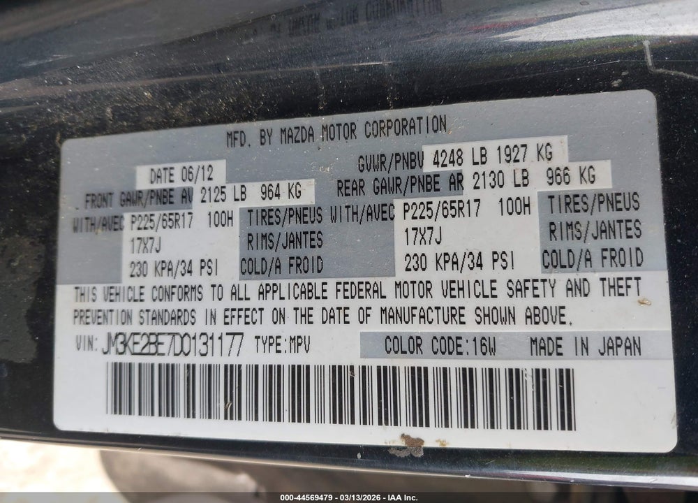 2013 MAZDA CX-5 SPORT VIN: JM3KE2BE7D0131177