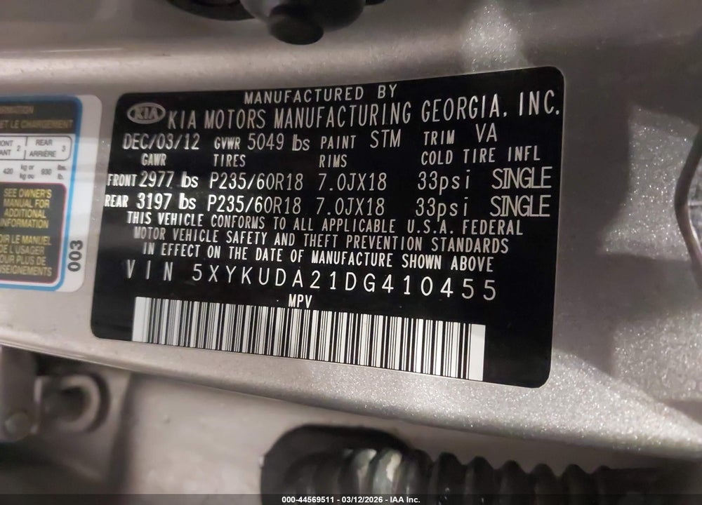 2013 KIA SORENTO EX V6 VIN: 5XYKUDA21DG410455