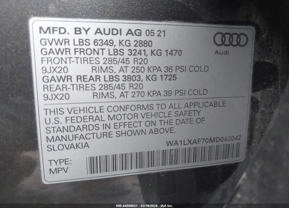 2021 AUDI Q7 PREMIUM PLUS 55 TFSI QUATTRO TIPTRONIC VIN: WA1LXAF70MD040042