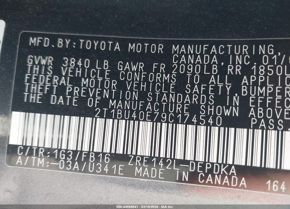 2009 TOYOTA COROLLA LE VIN: 2T1BU40E79C174540
