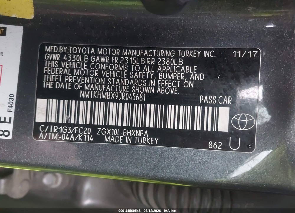 2018 TOYOTA C-HR XLE PREMIUM VIN: NMTKHMBX9JR045681