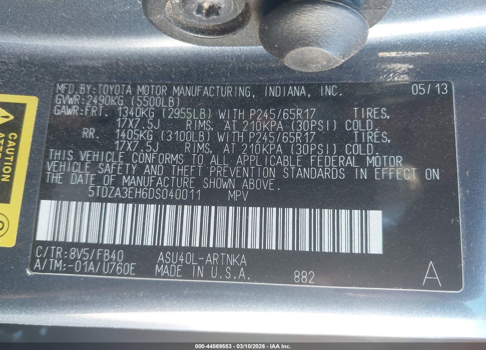 2013 TOYOTA HIGHLANDER VIN: 5TDZA3EH6DS040011
