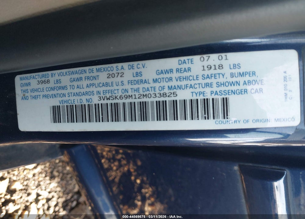 2002 VOLKSWAGEN JETTA GLS VIN: 3VWSK69M12M033825