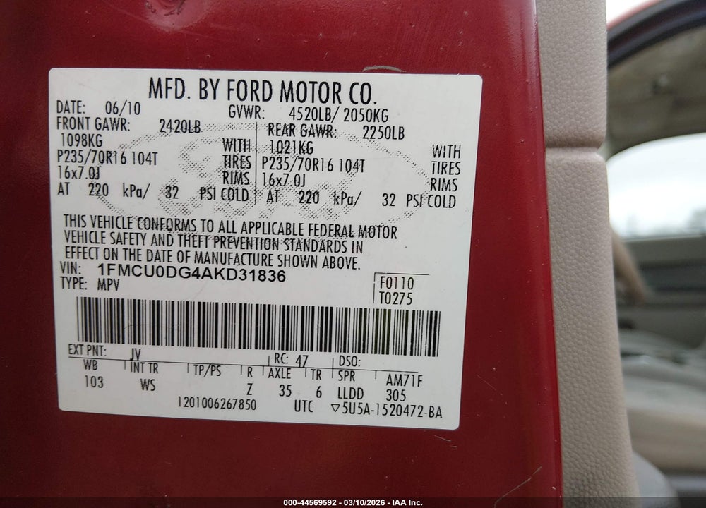 2010 FORD ESCAPE XLT VIN: 1FMCU0DG4AKD31836