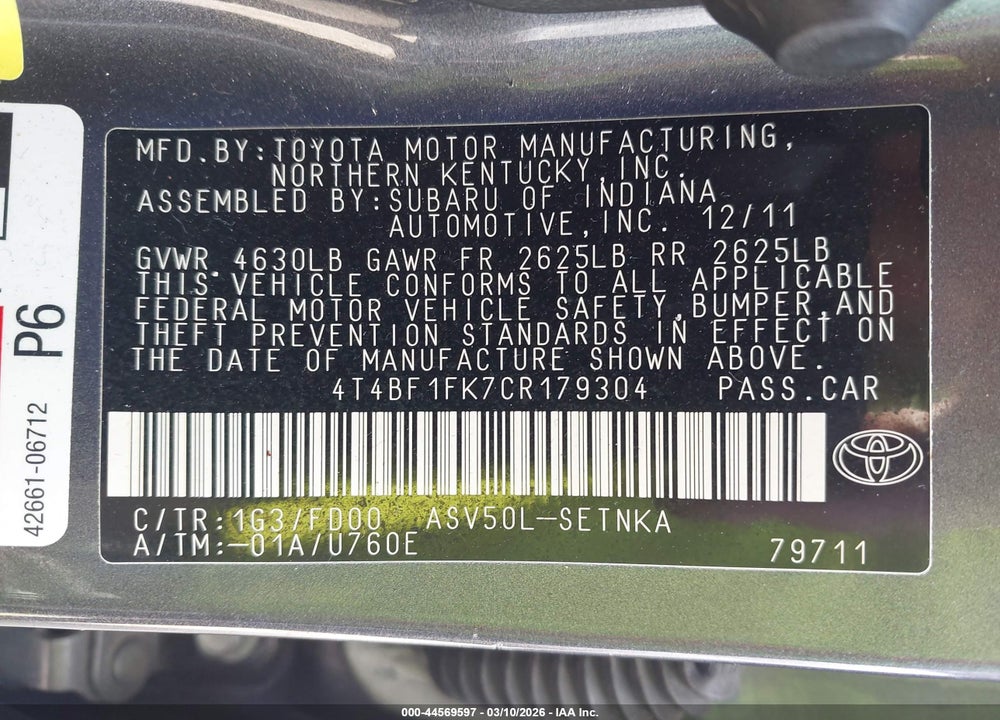 2012 TOYOTA CAMRY LE VIN: 4T4BF1FK7CR179304