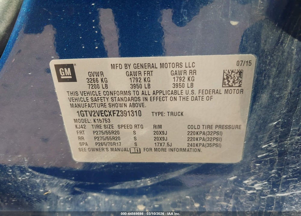 2015 GMC SIERRA 1500 SLT VIN: 1GTV2VECXFZ391310
