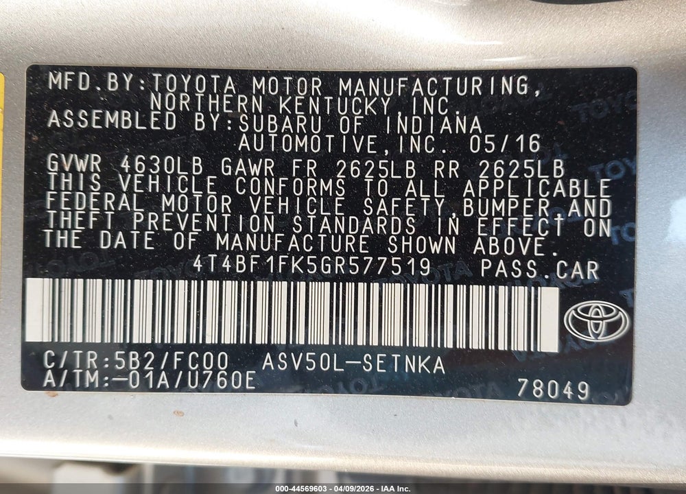 2016 TOYOTA CAMRY LE VIN: 4T4BF1FK5GR577519