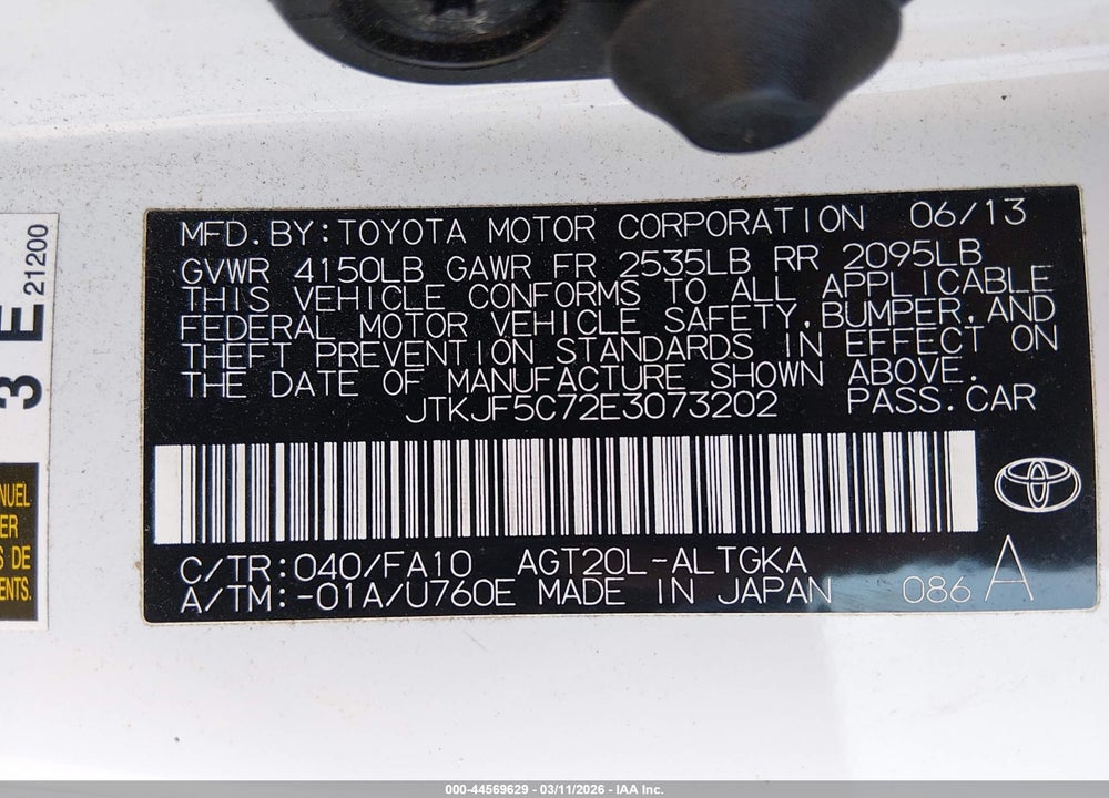 2014 SCION TC VIN: JTKJF5C72E3073202