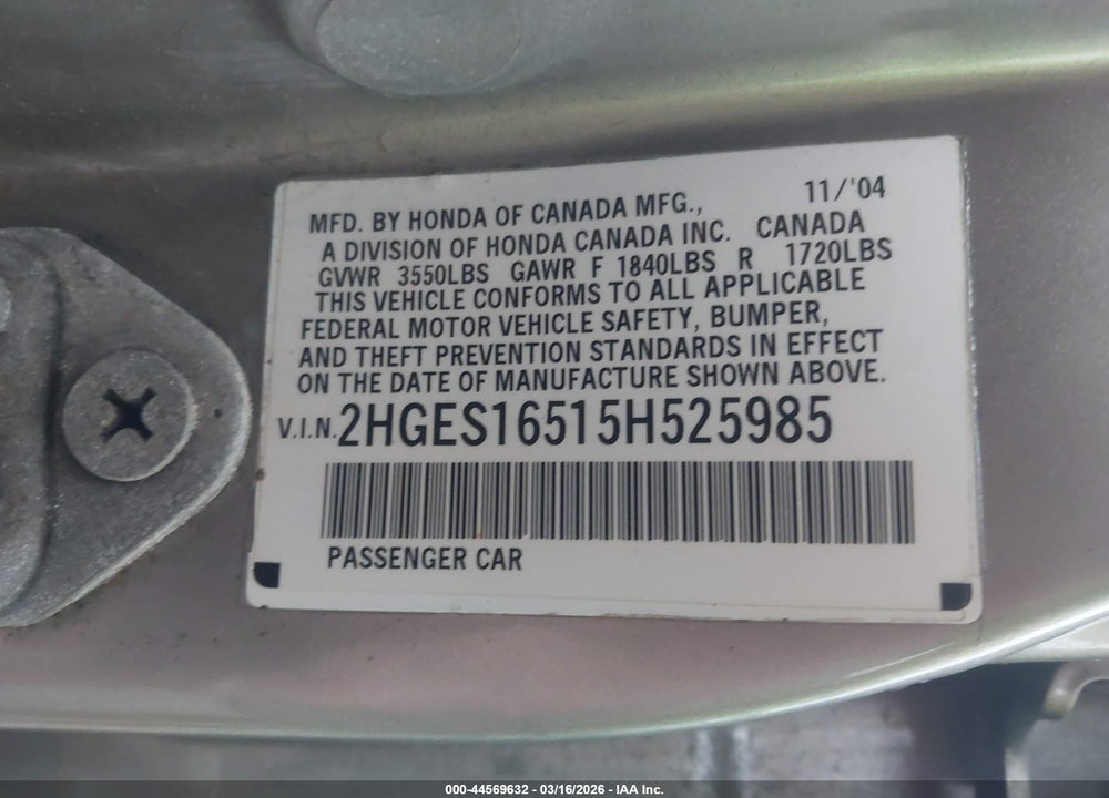 2005 HONDA CIVIC LX VIN: 2HGES16515H525985