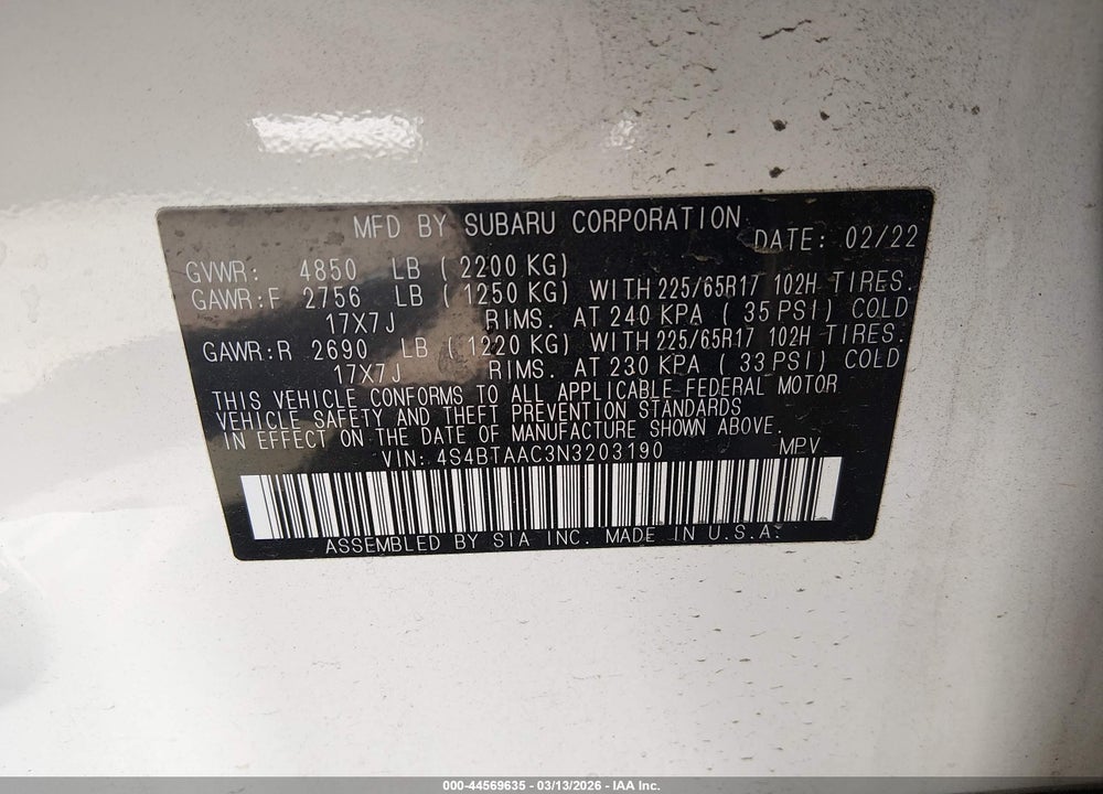 2022 SUBARU OUTBACK VIN: 4S4BTAAC3N3203190