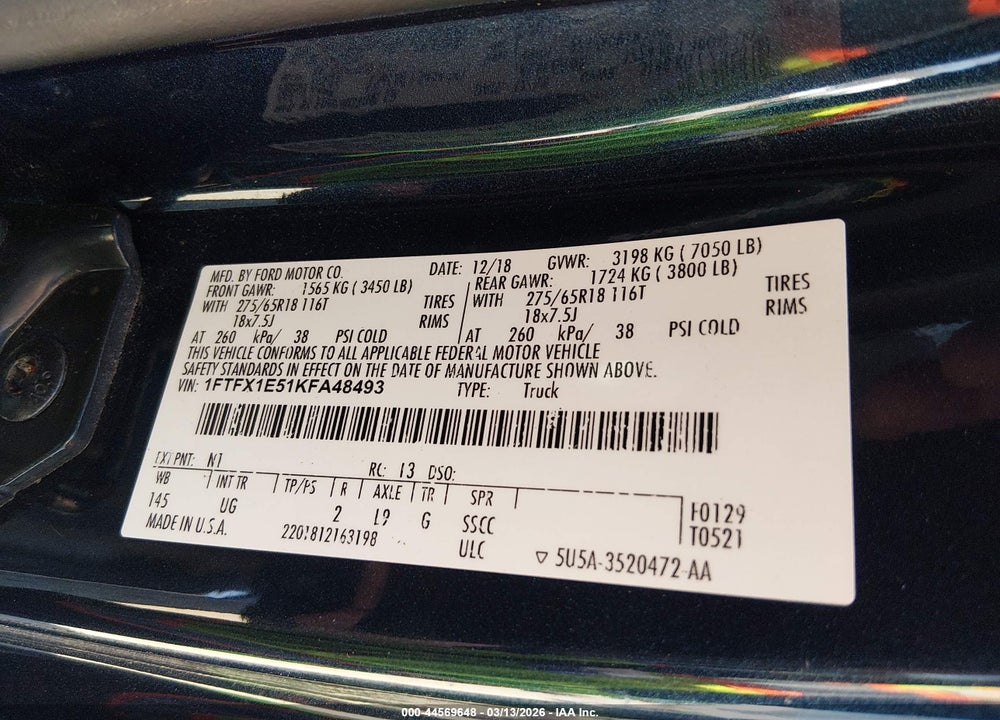 2019 FORD F-150 XLT VIN: 1FTFX1E51KFA48493
