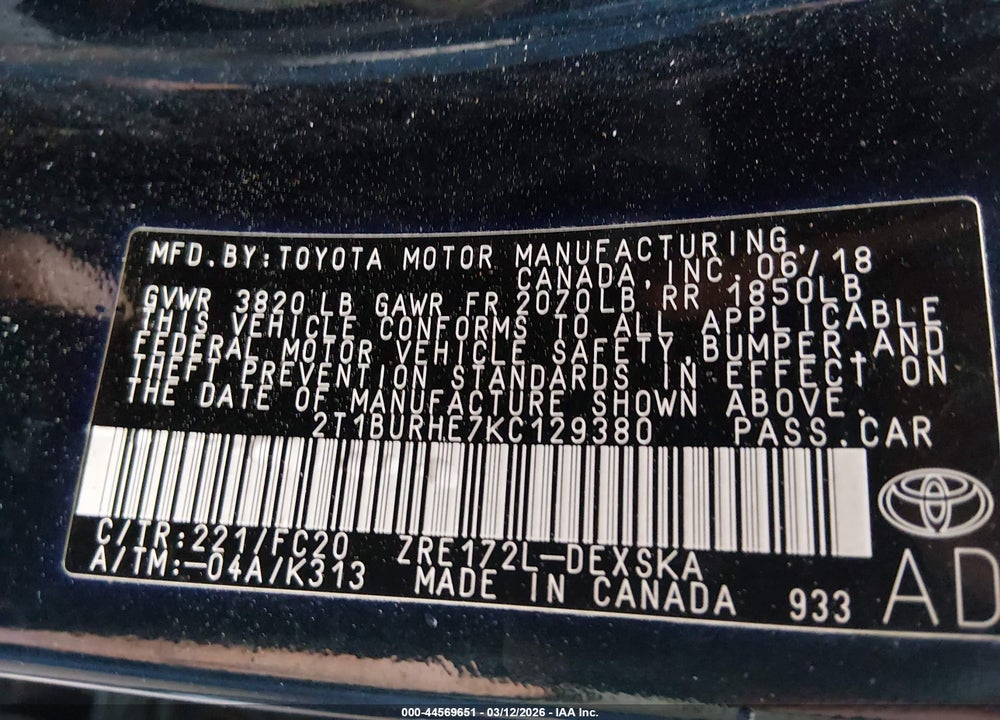 2019 TOYOTA COROLLA SE VIN: 2T1BURHE7KC129380