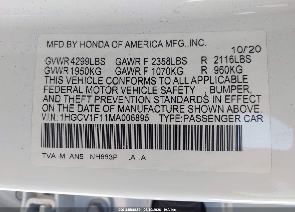2021 HONDA ACCORD LX VIN: 1HGCV1F11MA006895