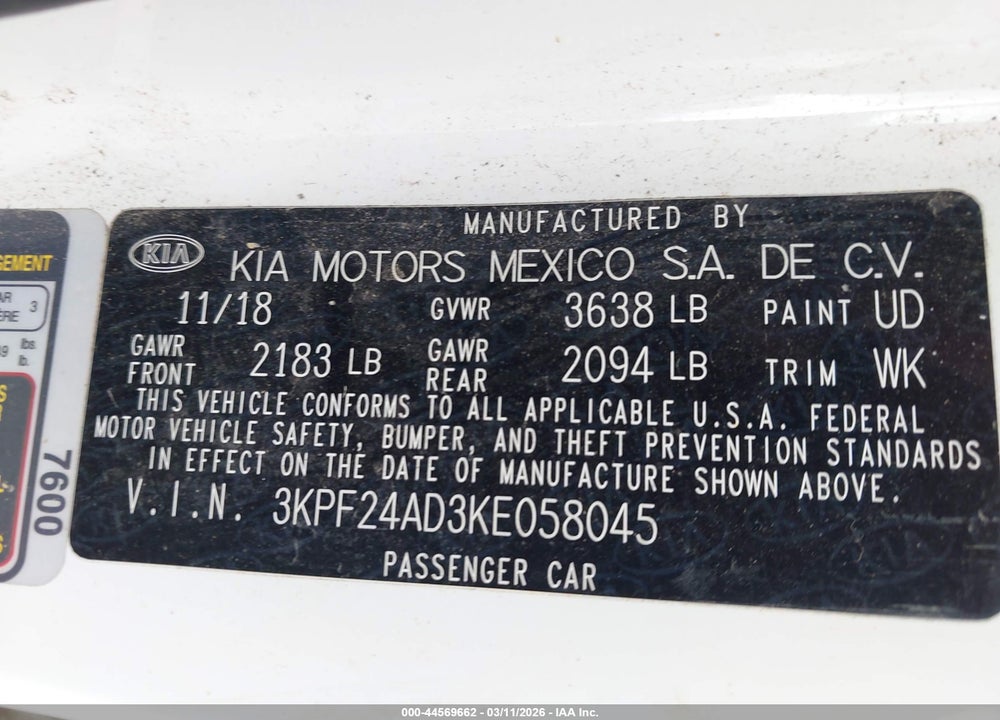 2019 KIA FORTE FE VIN: 3KPF24AD3KE058045