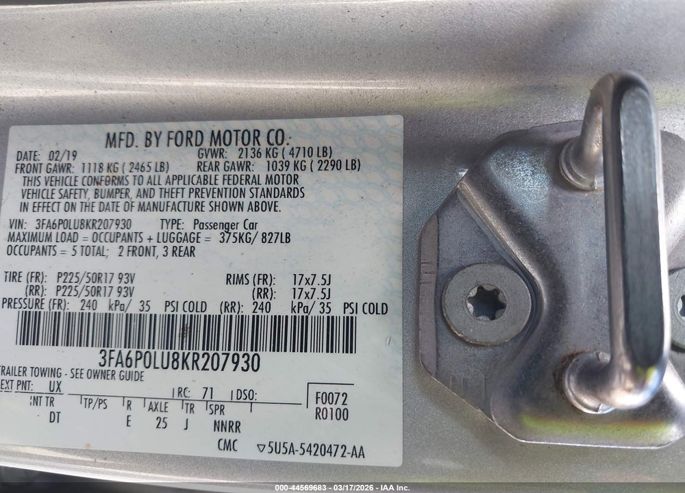 2019 FORD FUSION HYBRID SE VIN: 3FA6P0LU8KR207930