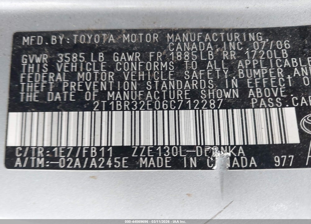 2006 TOYOTA COROLLA LE VIN: 2T1BR32E06C712287