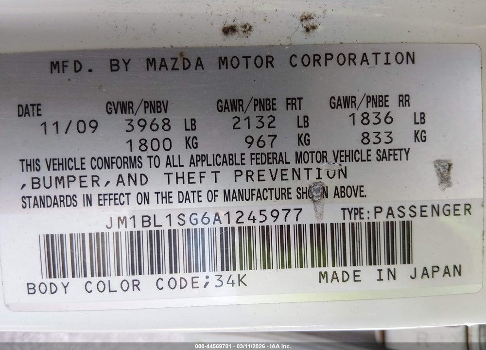 2010 MAZDA 3 I TOURING VIN: JM1BL1SG6A1245977