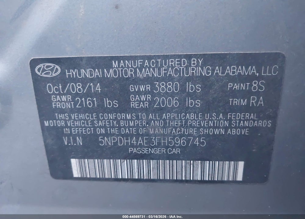 2015 HYUNDAI ELANTRA SE VIN: 5NPDH4AE3FH596745