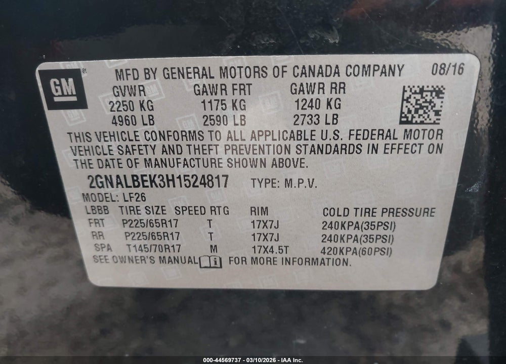2017 CHEVROLET EQUINOX LS VIN: 2GNALBEK3H1524817