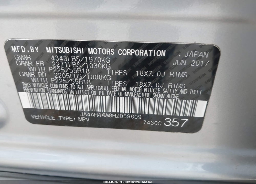 2017 MITSUBISHI OUTLANDER SPORT 2.4 GT VIN: JA4AR4AW8HZ059609