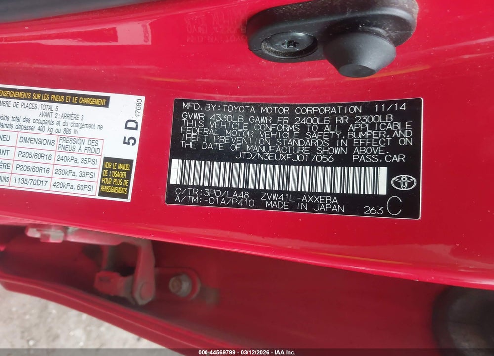 2015 TOYOTA PRIUS V FOUR VIN: JTDZN3EUXFJ017056