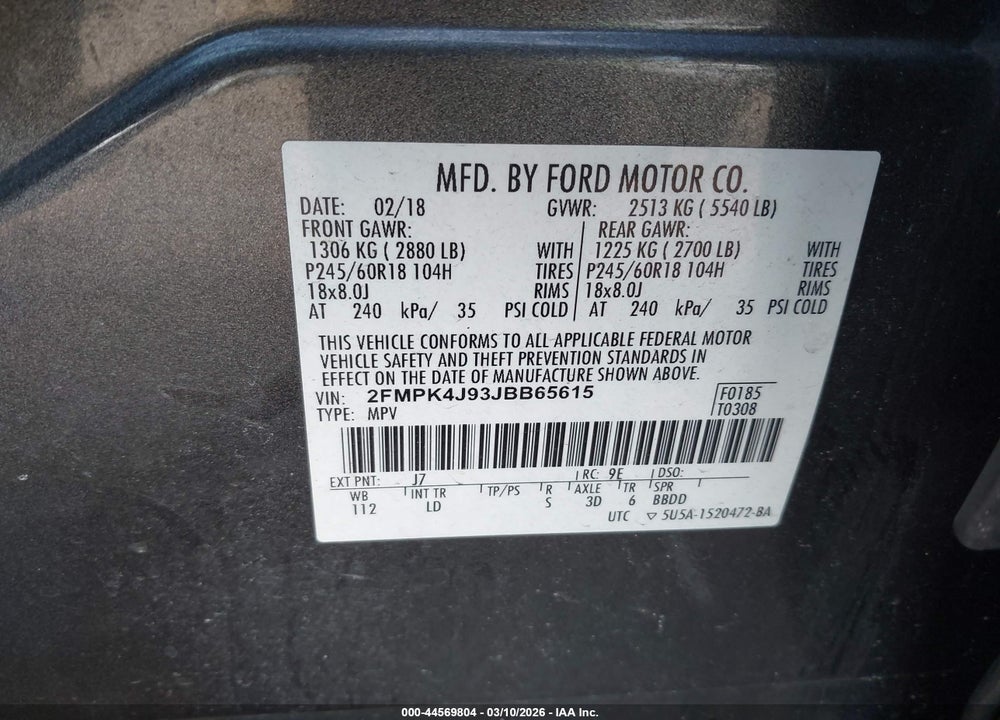 2018 FORD EDGE SEL VIN: 2FMPK4J93JBB65615