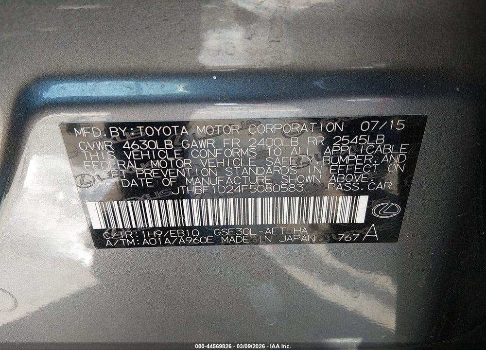 2015 LEXUS IS 250 VIN: JTHBF1D24F5080583