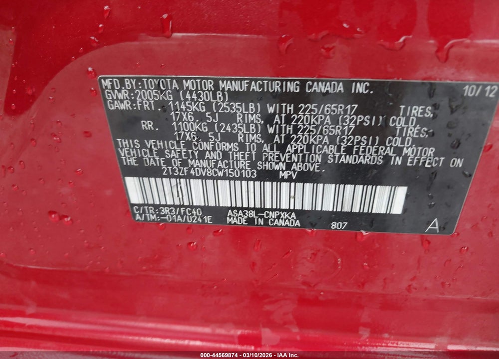 2012 TOYOTA RAV4 VIN: 2T3ZF4DV8CW150103