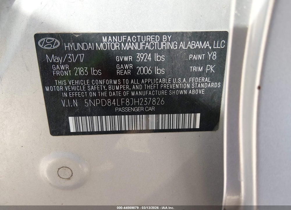 2018 HYUNDAI ELANTRA SEL VIN: 5NPD84LF8JH237826