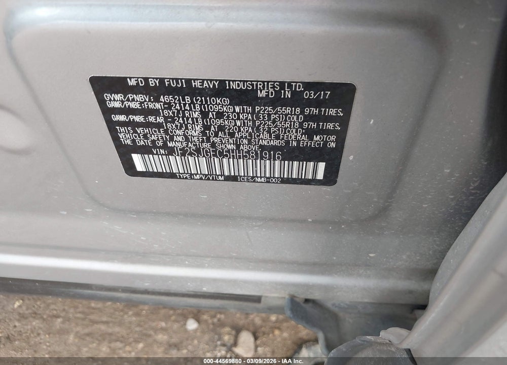 2017 SUBARU FORESTER 2.0XT PREMIUM VIN: JF2SJGEC5HH581916