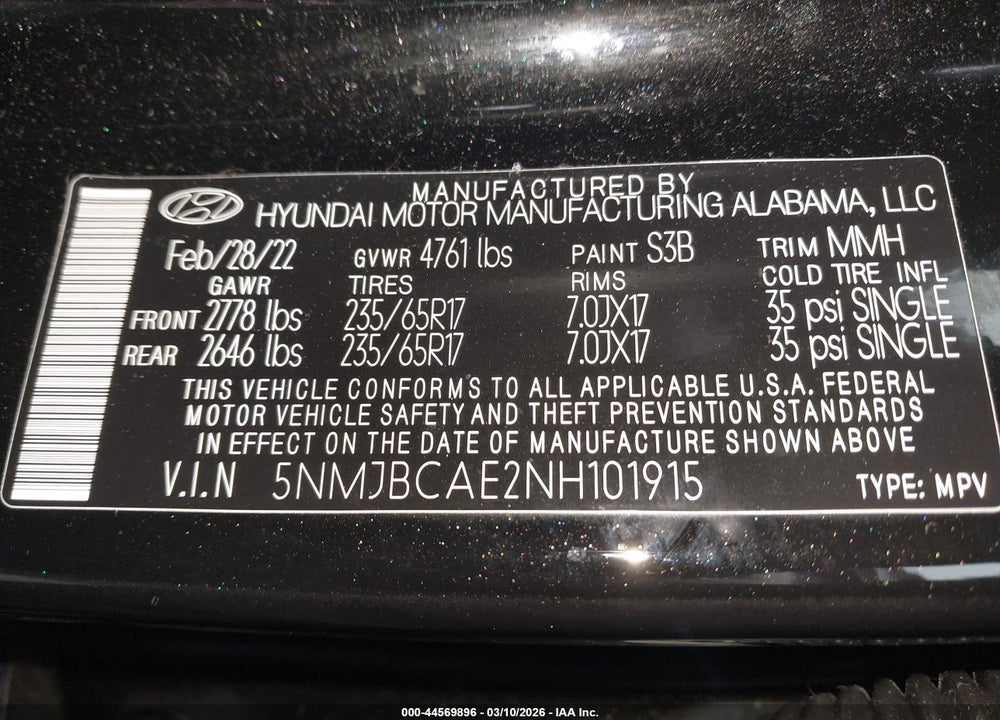 2022 HYUNDAI TUCSON SEL VIN: 5NMJBCAE2NH101915