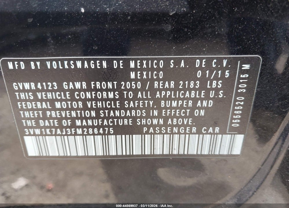 2015 VOLKSWAGEN JETTA 2.0L S VIN: 3VW1K7AJ3FM286475