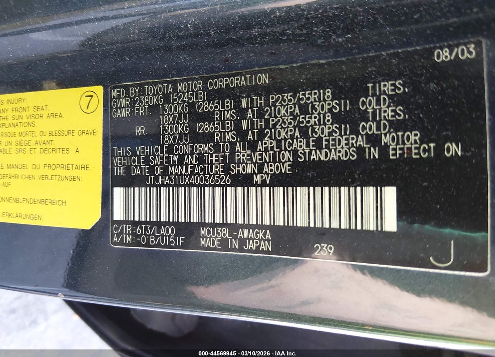 2004 LEXUS RX 330 VIN: JTJHA31UX40036526