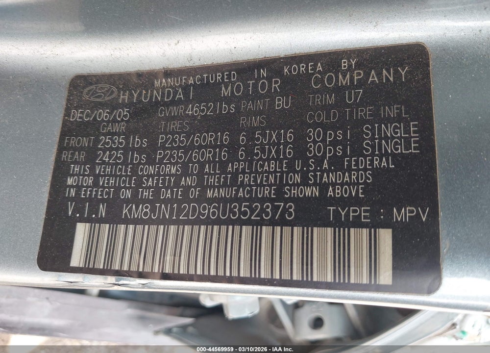 2006 HYUNDAI TUCSON GLS/LIMITED VIN: KM8JN12D96U352373